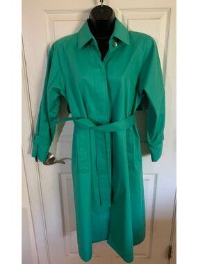 London Fog Womens Green Long Trench Coat 4P Petite Belted Button Print Lining